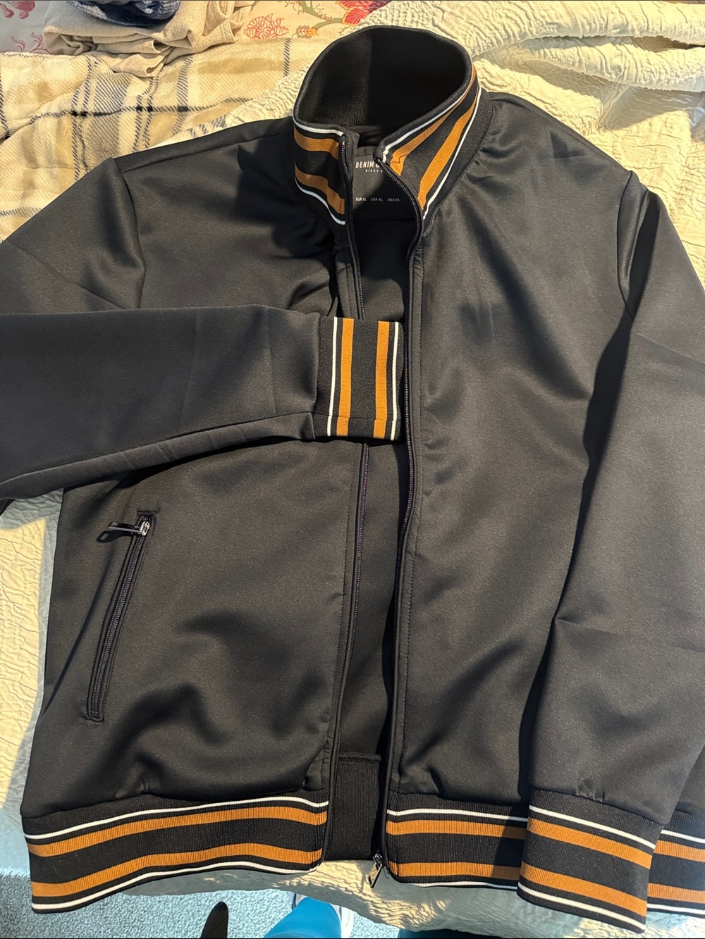 Denim & Flower Black Track Jacket with Gold Stripe Trim (NWOT)